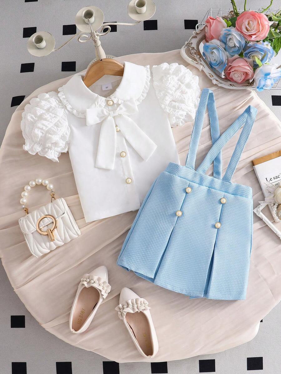 2pcs Young Girl Elegant Ruffle Sleeve Bow Top And Sky Blue Suspender Dress Set, Fashionable And Graceful - Light Wash - View 1
