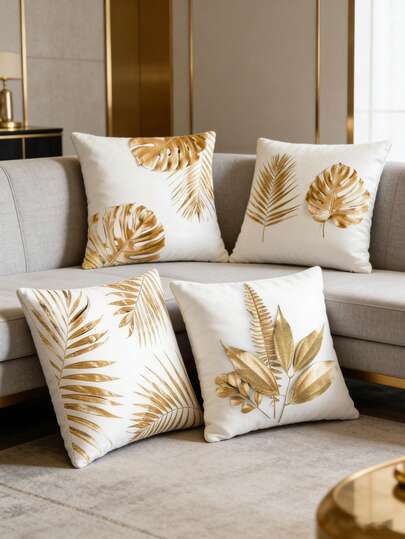 4件套2D平面无刺绣热带金色条纹叶子图案抱枕套 - 柔软高档亚麻面料，完美适用于沙发、床、汽车和客厅装饰 - 不含枕芯