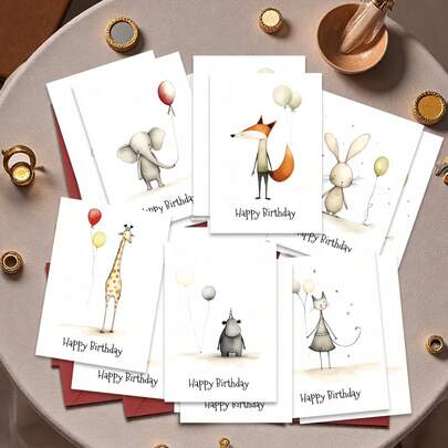 12pcs Cute Animal Balloon Blank Birthday Greeting Cards, Thank You Cards, Invitation Cards, Holiday Gifts
