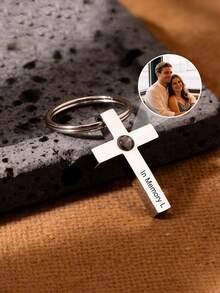 1pc Customized Cross Projection Keychain, Customized Colorful Photo Projection, Laser Engraved Name Or Date Stainless Steel Cross Keychain, Sentimental Religious Gift For Dad, Boyfriend, Symbol Of Faith And Love - Customized Cross Projection Keychain - View 6