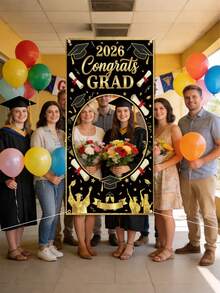 1pc - Customized 2026 Graduation Photo Backdrop Banner, Black Background With Gold Text, Personalized Polyester Fiber Photo Background For Outdoor Events And Entrance Decor, Diploma, Graduation Cap, Graduate Silhouette Design, Suitable For Graduation Ceremony Celebration - Multicolor - View 5