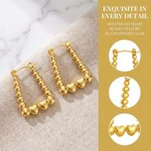 Gold Heart Bead Earrings, Geometric Ball And Heart U-Shape Design, Fashionable And Elegant For Women's Daily Wear - Gold - View 3