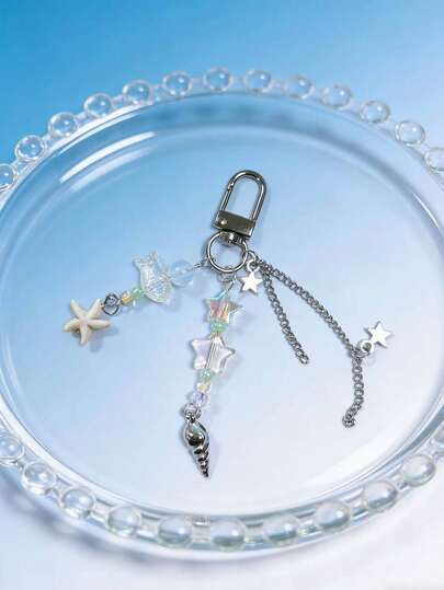 Delicate Ocean Style Keychain With Starfish, Small Fish, Seashell, Colorful Beads, Silver Chain, Star Decor, Cute Accessory For Bags And Purses