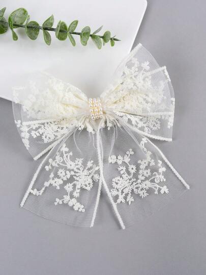 1pc Mother's Day White Tulle Hair Bows,Flowers & Faux Pearl Accessories Bow Hair Clips,Elegant Hair Barrettes For Flower Girls Best Friend Spring Summer Wedding Theme Party Gifts