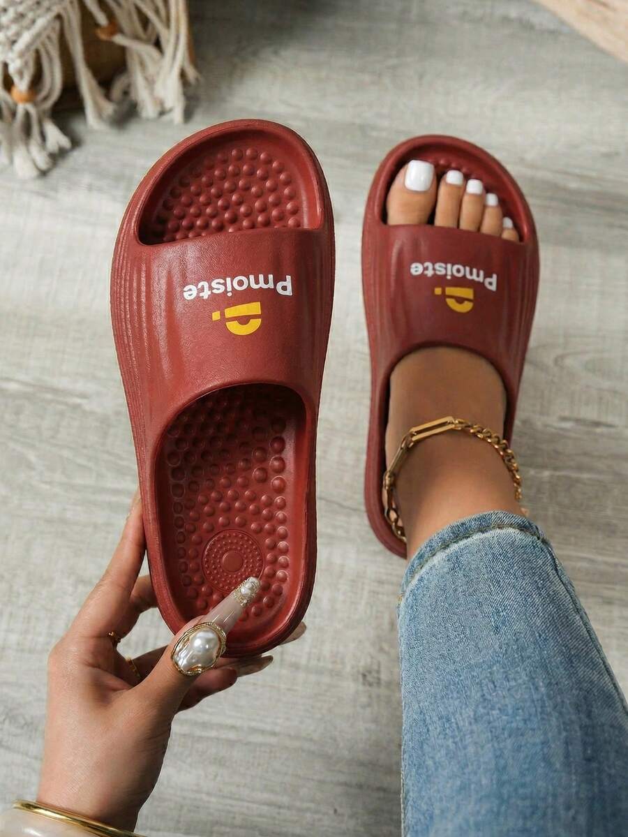Damen Massageschlappen mit Streifen, weiche leichte Duschschuhe mit dicker Sohle und offener Zehenpartie - Rot - Übersicht 1