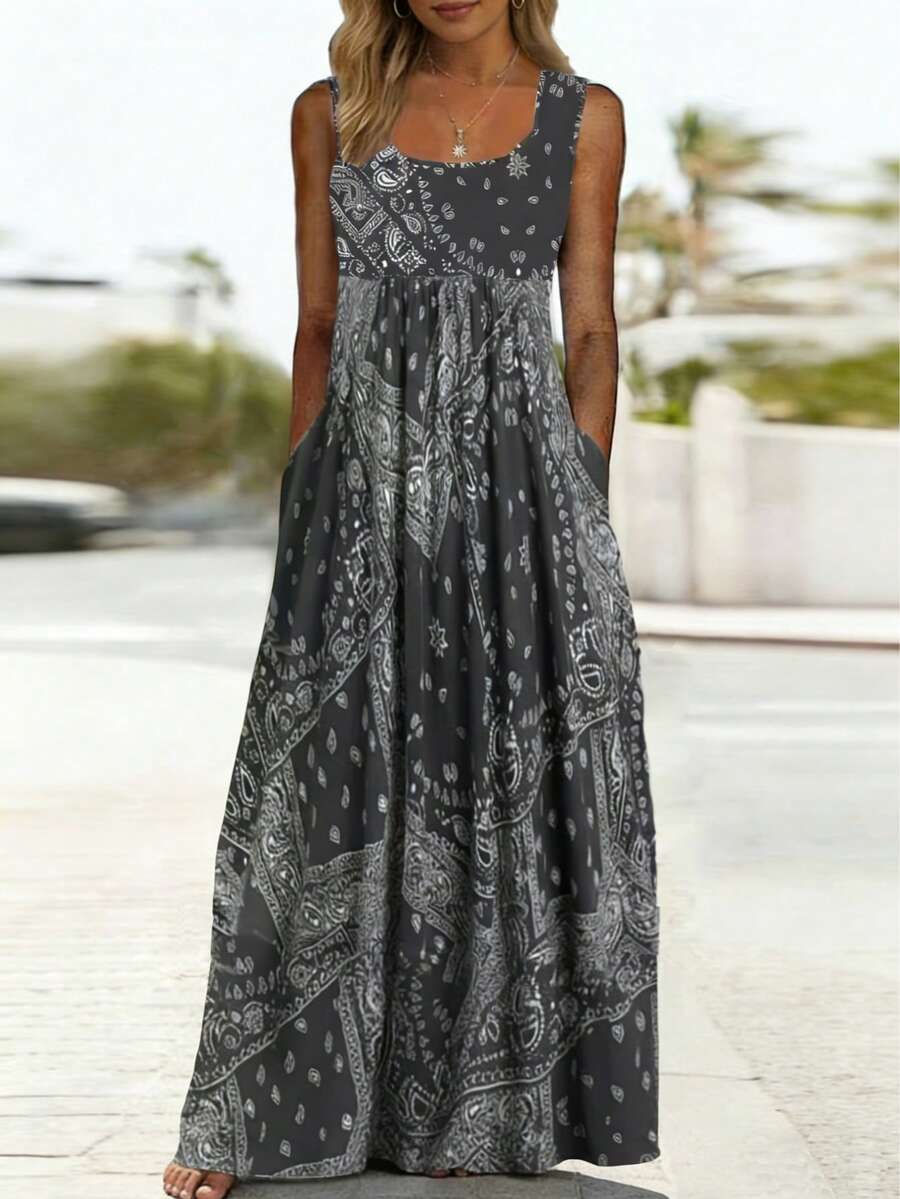 Đầm midi nữ kiểu boho, họa tiết ngẫu nhiên, có túi, phong cách thường ngày thanh lịch, thích hợp cho kỳ nghỉ hè. - Xám - Xem 1
