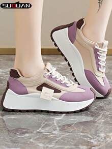 New Women's Contrast Color Thick Sole Casual Shoes, Soft & Shock-Absorbing, Breathable & Skin-Friendly, Height Increasing, Versatile For Commuting, Outing, Dating, Shopping, Daily Wear, Fashionable Shoes For Young Girls, Popular Student Casual Shoes, Non-Slip , Easy To Maintain - Purple - View 3