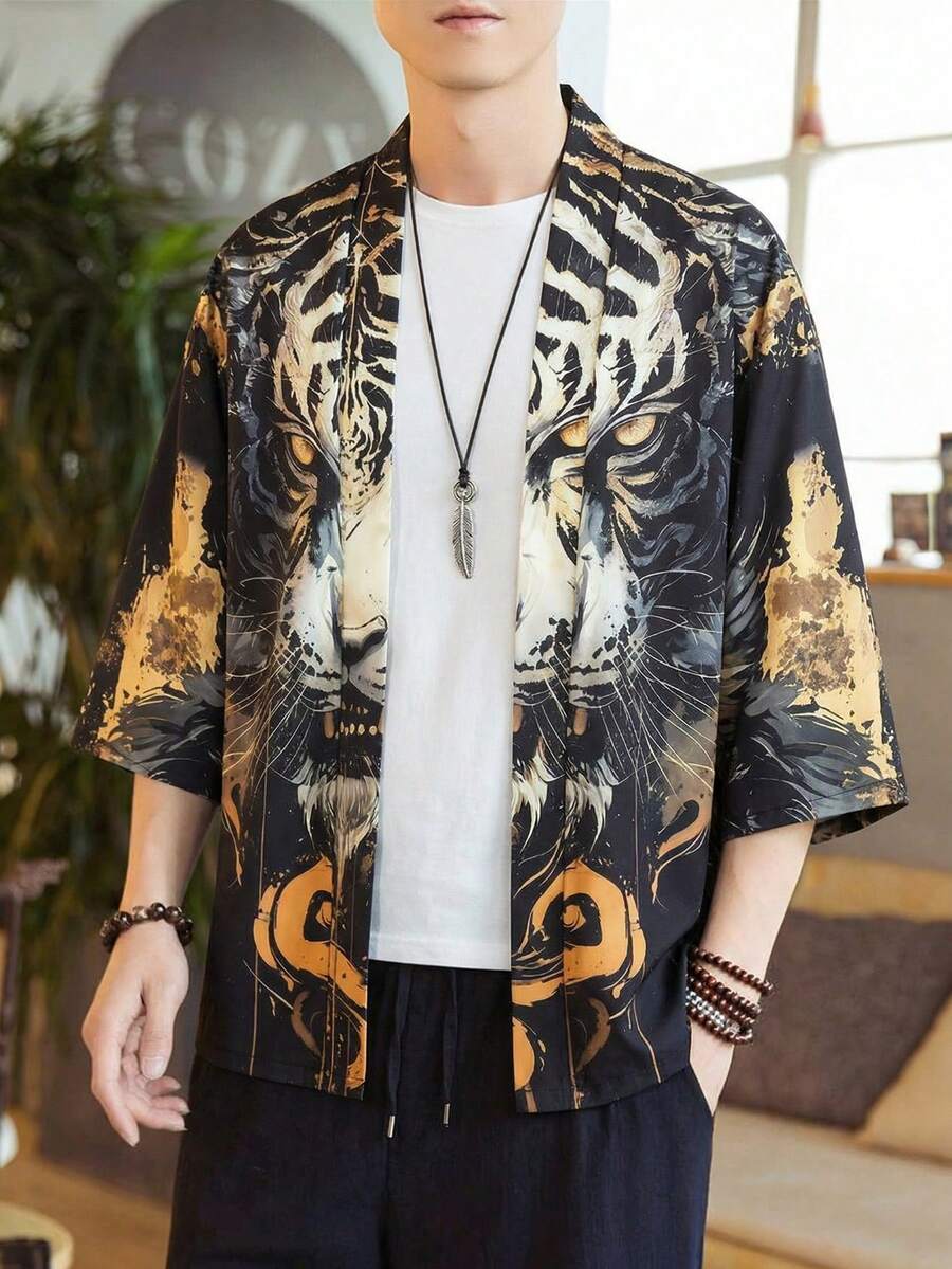 Áo choàng hổ đen kiểu Trung Quốc, áo khoác kimono mùa hè dáng rộng nhẹ dành cho nam. - màu đen - Xem 1