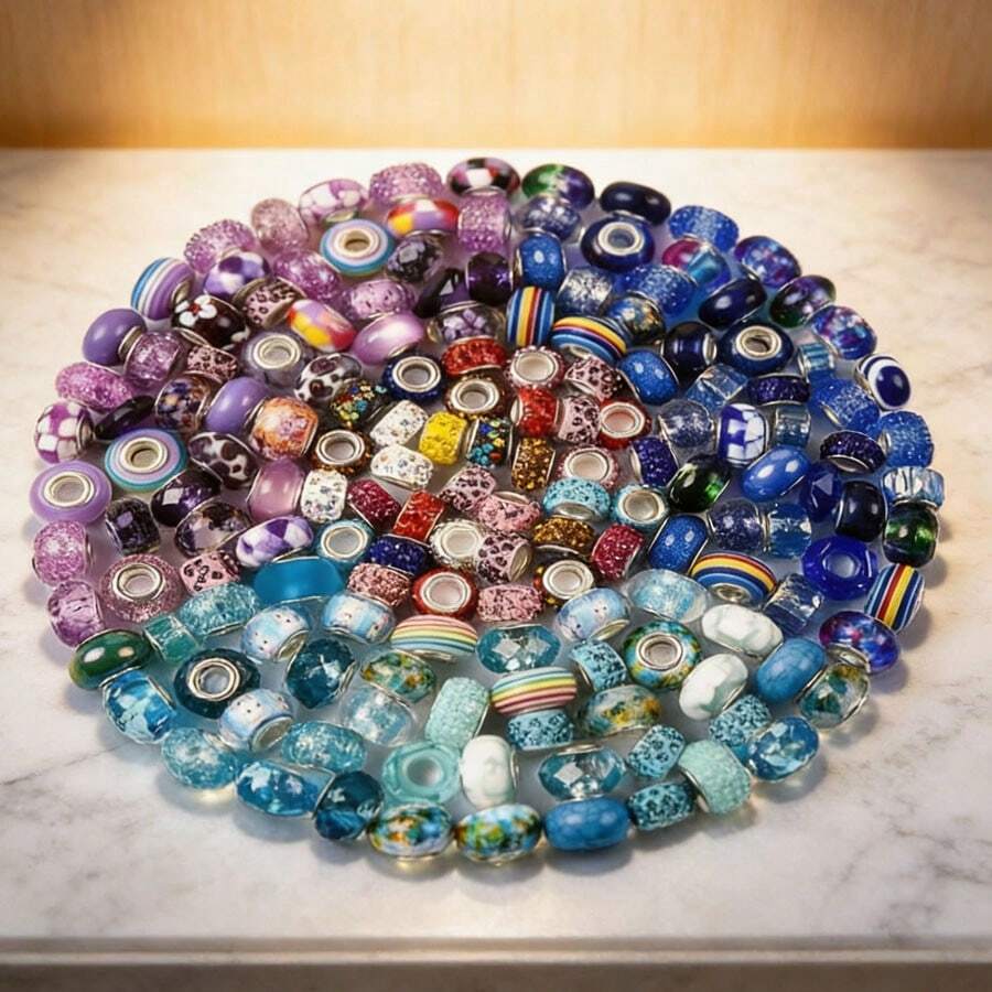 50 hạt cườm lỗ lớn màu tím và xanh dương ngẫu nhiên để tự làm vòng tay. - Nhiều màu - Xem 1