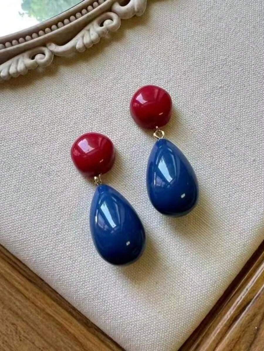 1 Đôi bông tai hình giọt nước kiểu Hồng Kông cổ điển, phối màu tương phản, kiểu dáng độc đáo dành cho nữ. - Màu xanh lam - Xem 1