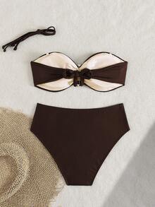 Conjunto de bikini de dos piezas con camisola de pecho plano de unicolor para mujer, con accesorio de metal en el medio, adecuado para vacaciones en la isla - Café integral - Ver 6
