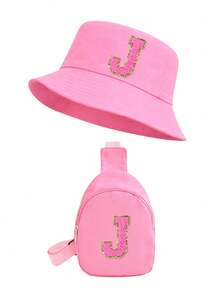 2 Peças Conjunto de Chapéu Balde Rosa com Letra 26 e Bolsa de Peito para Meninas, Alça Ajustável, Versátil, Adequado para Uso Externo, Praia, Pesca, Piquenique - Rosa chiclete - Visão 7