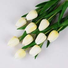 10Pcs Fake Tulips Yellow Realistic Flowers Real Touch PU  Tulips With Stems Light Yellow Fake Spring Flowers For Home Decor Floral Arrangements Table Centerpieces - 黃色 - 查看 8