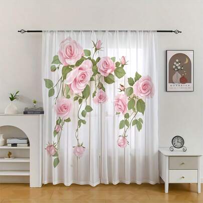 2pcs Romantic Pink Rose Vine Tulle Curtains, 2D Flat Print, Elegant Retro Style, Mother's Day Decoration, Suitable For Dining Room, Kitchen And Living Room, Excellent Light Transmission.