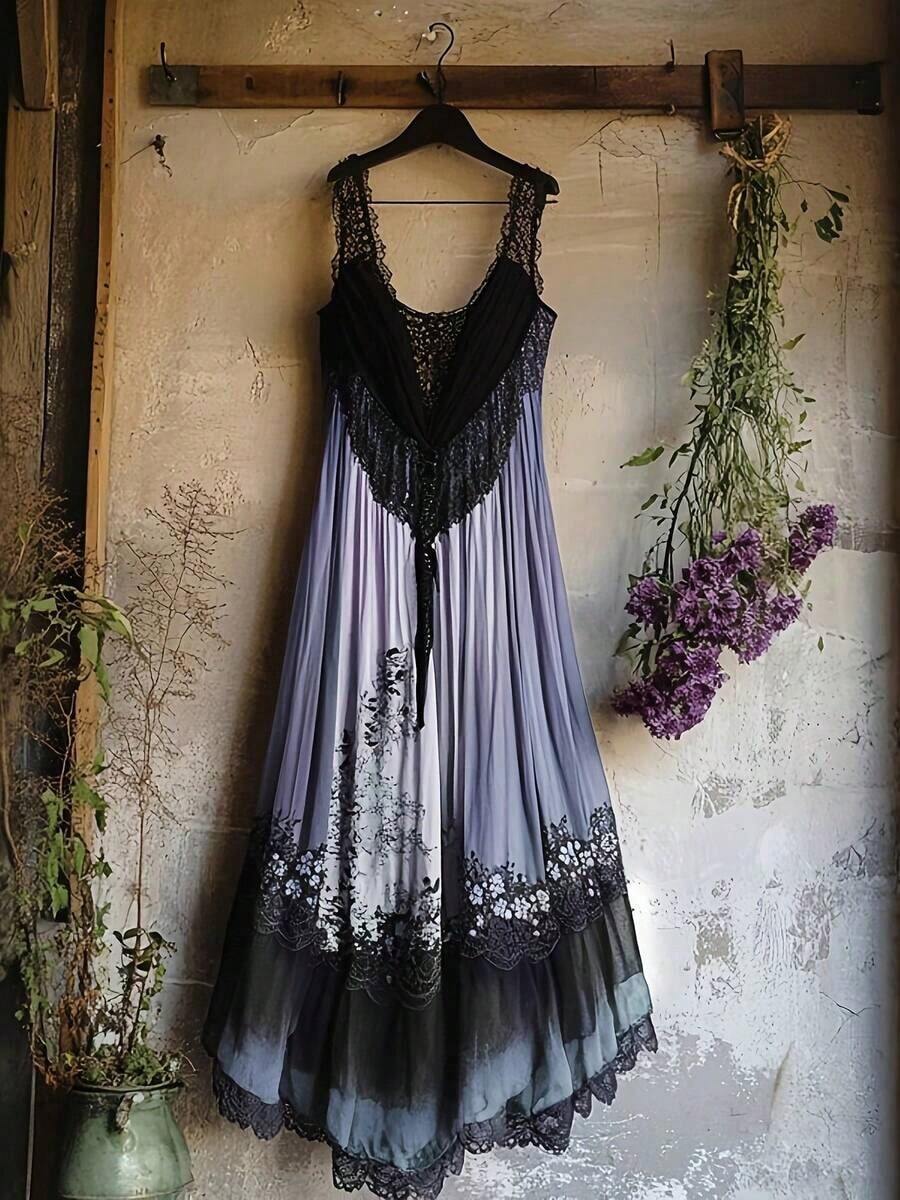 Women's Plus Size Boho Maxi Dress, Sleeveless V Neck Embroidered Patchwork Casual Dress (Multiple Patterns Available) - Black Purple - View 1