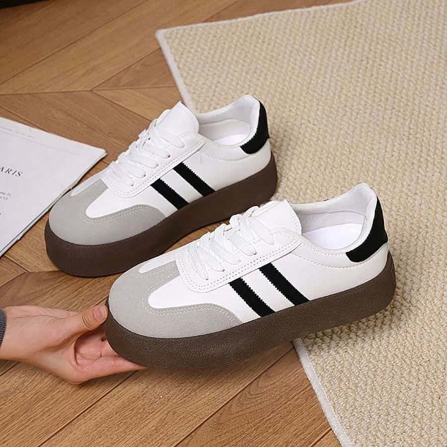 米色女士运动鞋，轻便百搭，户外训练鞋，时尚厚底舒适休闲鞋，适合学生外出穿着 - 米色 - 查看 1