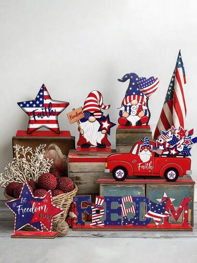 6pcs Patriotic Themed Desktop Decor Set, Including Independence Day Memorabilia Wooden Gnome Sculpture, Liberty Truck, Stars, Suitable For Independence Day Home Decor, Independence Day Party Decor, Veterans Day And Independence Day Desktop Decoration Set