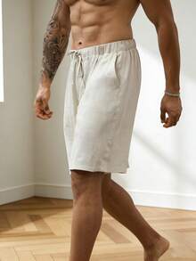 Men's Solid Color Casual Drawstring Waist Pocket Shorts, Daily Wear - Apricot - View 2