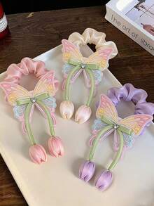 1pc Butterflytulip Hair Ties For Girls Legant Tulip Design Hair Scrunchies Cute & Sweet Hair Accessories For Teen Girls - Multicolor - View 1