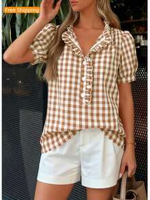 Puff Sleeve Striped Ruffle Blouse V Neck Button Front Summer Top Chic Casual Work Office Outfit For Women - Khaki Plaid - View 4