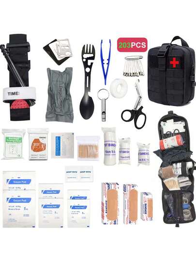 203 pièces Kit de premiers soins de survie IFAK Pochette Molle Kit de survie Équipement de plein air Trousses de secours Sac de traumatisme pour le camping, le bateau, la chasse, la randonnée, la maison, la voiture, les tremblements de terre et les aventures