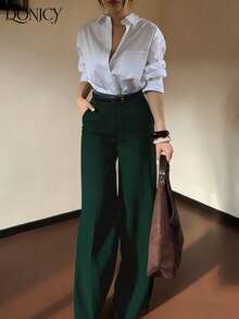 DONICY Quần nữ mùa xuân/hè mới, màu xanh ô liu trơn, cạp cao, ống rộng có túi, kiểu dáng thời trang retro thanh lịch tối giản, đa năng, phù hợp cho mặc hàng ngày, đi làm, hẹn hò, mua sắm, triển lãm và các dịp khác. - Màu xanh lá cây đậm - Xem 10