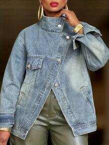 Women's  Oversized Denim Jacket: Metal Asymmetrical Buttons & Stand Collar - Ideal For Daily, Commute, Travel & Outings - Màu xanh lam - Xem 2