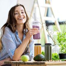 8PCS Glass Juice Bottles With Lids, 16oz Sealed Glass Bottles, Includes Straws, Smoothie Cup Lids And Strawsater Bottles Mason Jars Drink Cups, Suitable For Juicing, Smoothies, Drinkware Set - 查看 4