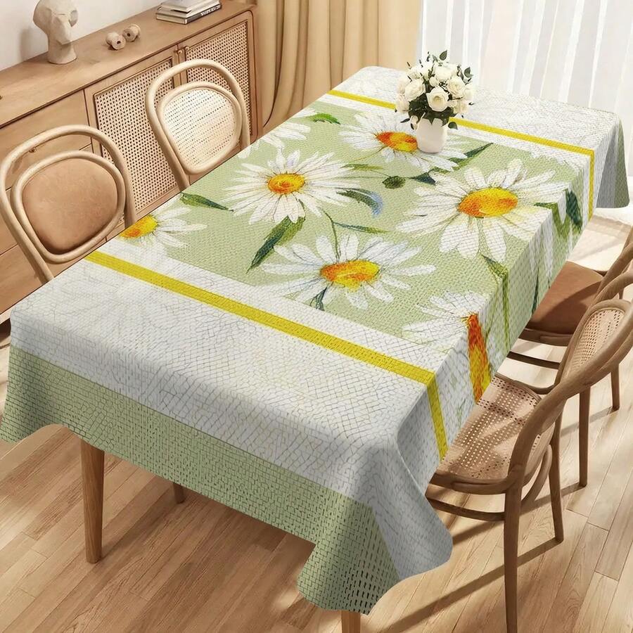 1pc Watercolor Daisy Print Tablecloth, Fresh Pastoral Style, Easy Clean Daily Use Dining Table Cover, Festive Atmosphere Home Decor Rectangle Sofa Cover - Multicolor - View 1