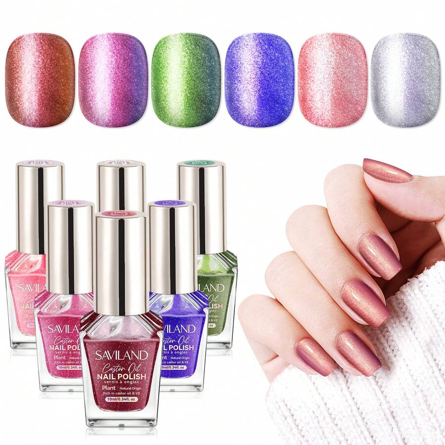 SAVILAND Chameleon Nail Polish Set: 6 Colors Aurora Shimmer Fingernail Polish Holographic Green Purple Red Glitter,Fast Quick-Dry Nail Lacquer Manicure Art Kit(10ml*6) - 6 Chameleon Colors - 查看 1