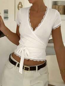 Women's Pure White Short Sleeve T-Shirt, Unique Design With Lace Trim V-Neck Cardigan - White - View 6