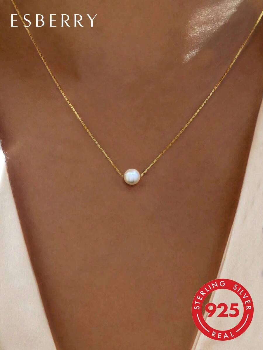 ESBERRY 1 chiếc vòng cổ ngọc trai đơn giản bằng bạc Sterling S925, kích thước 6mm-10mm, trang sức dành cho nữ, phụ kiện cưới cho cô dâu.