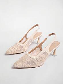 Nuovi muli con tacco alto in stile cinese bianco con fiocco in rete, sandali da donna con punta affusolata, ricamo in pizzo, slip-on, tacco sottile/spesso - Beige - Visualizzare 3