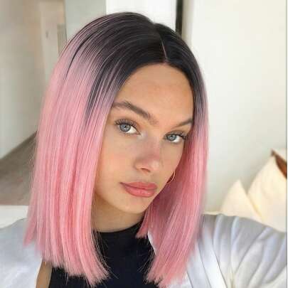 粉色渐变黑色假发，女士短直波波头，无刘海，中分，齐肩长度，时尚耐热合成渐变色假发，适合派对、万圣节等场合（14英寸）