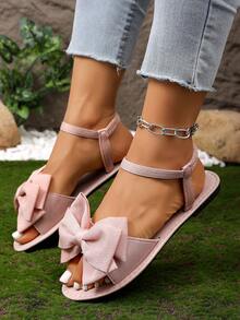 法式蝴蝶结凉鞋，女士夏季轻便平底罗马鞋，度假风沙滩鞋 - 粉色 - 查看 6