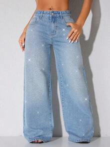 Low-Waist Wide-Leg Casual Blue Jeans With Slant Pockets & Beaded Embellishment Spring - Màu xanh bụi bặm - Xem 5