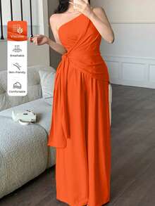abyoxi Women's Orange, Slant Shoulder Twisted Flutter, Asymmetric Hem Top And High Waisted Wide Leg Pants 2 Piece Set, Casual Vacation, Sexy Elegant, Party, Date, Beach, Everyday Going Out, Spring Summer Top And Long Pants Outfit - Orange - View 3