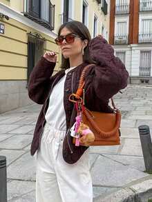 Áo khoác phao chần bông màu đỏ tía dành cho nữ, kiểu dáng rộng rãi thoải mái, khóa kéo phía trước, cổ tròn có túi, thích hợp cho mùa thu/đông. - Màu Đỏ Sâu - Xem 6