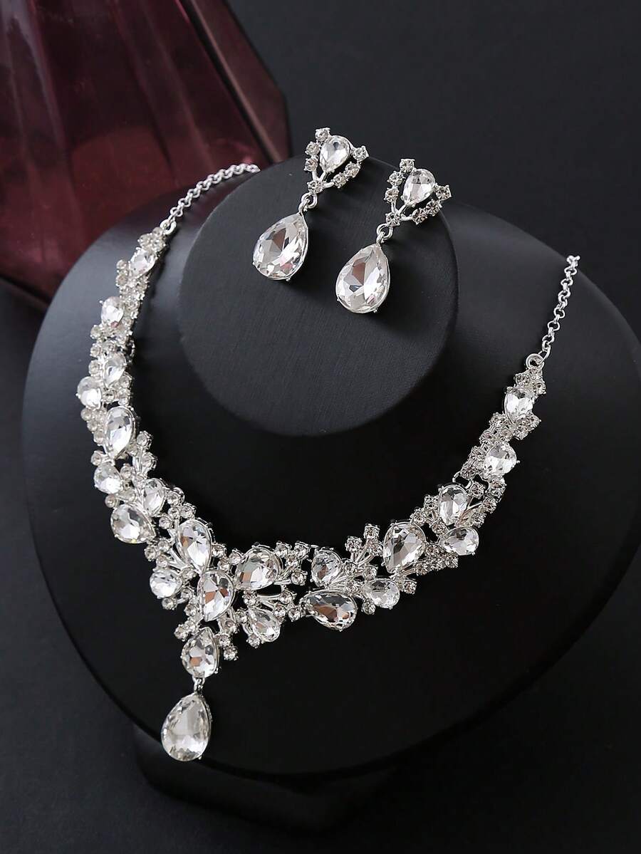 3pcs/set Luxury Rhinestone Water-drop Decor Jewelry Set For Women For Party