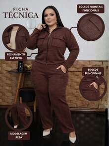 Women's Plus Size Ribbed Knit Set With Front Zipper And Pockets, Elastic Waist Pants, Casual Fashion - 鏽棕色 - 查看 5