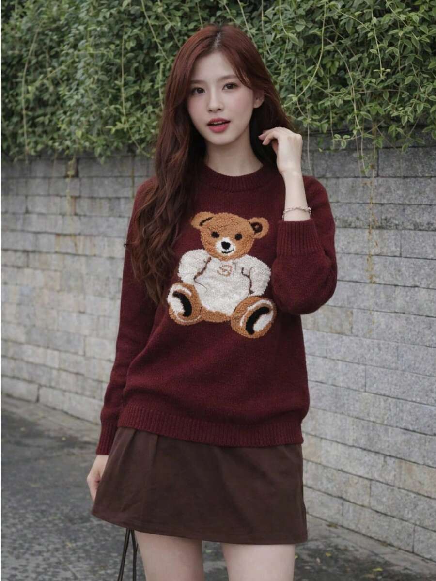 Mousse Bear Winter Blouse, Cute Teddy Bear Style - 酒紅色 - 查看 1