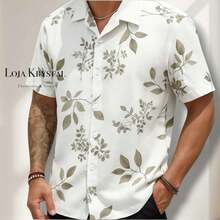 JL Men's Hawaiian Floral Beach Shirt, Short Sleeve, Button-Down, Spring And Summer - Floral 34-Cinza - 查看 1