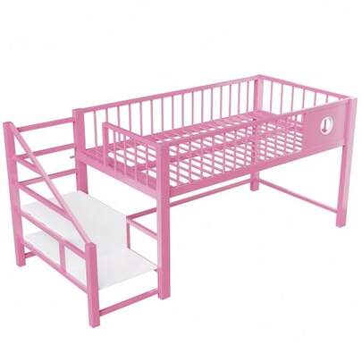 Low Loft Bed For Children (90 X 200 Cm), With Storage Ladder, Sturdy Metal Frame, Suitable For Children And Teenagers, Pink