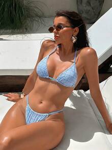 女士时尚性感格子比基尼套装，特殊提花面料，两件式泳衣，夏季必备 - 彩色 - 查看 4