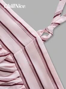 女士粉色条纹露背无袖迷你连衣裙，系带露背休闲优雅沙滩裙，夏季必备 - 粉色 - 查看 8