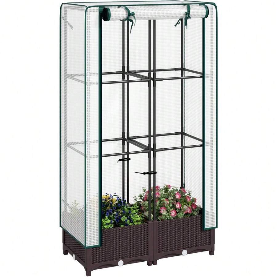 Plastic Raised Garden Bed With Trellis, Outdoor Planter Box With PE Greenhouse Cover, Drainage Holes And Zipper Door For Climbing Plants, Herbs And Vegetables, 31.5" X 15.7" X 48.8", Brown - Brown - View 1