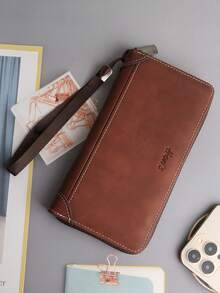 Men's Black Faux Leather Long Wallet - Detachable Wrist Strap, Zipper Closure, Fits Phone, Multiple Card Slots, Spacious For Daily Use - Khaki - View 2