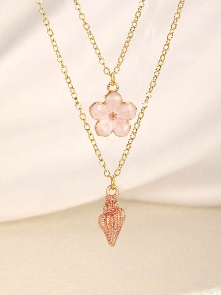 2件套可爱精致合金五叶花海螺吊坠项链夏季风假风海洋系列饰品 - 彩色 - 查看 1