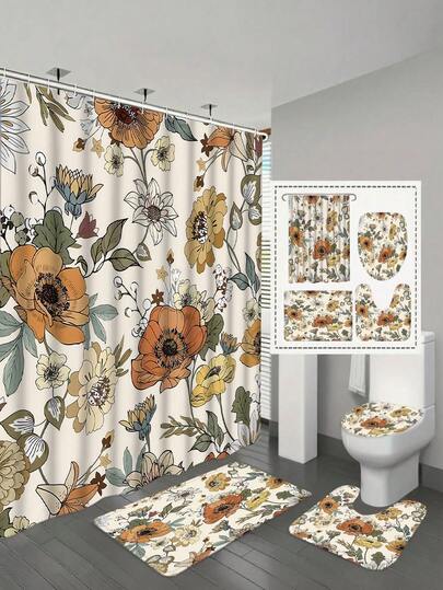 [Bộ rèm tắm phong cách Bohemian] Bộ 1/4 món rèm tắm phong cách Bohemian - Rèm tắm chống thấm nước, 12 móc nhựa, thảm tắm chống trượt, thảm toilet hình chữ U, phụ kiện trang trí nhà cửa hiện đại họa tiết hoa lá cổ điển.