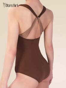 DonsGirl 1pc Women's Ballet Leotard - Romantic Layered Mesh Fabric And Criss-Cross Design - Ideal For Yoga, Dance Performances And Training - 咖啡棕 - 查看 10
